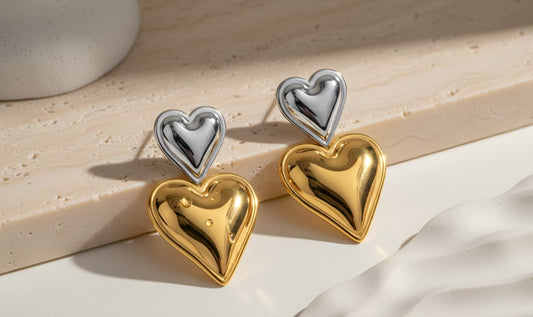 Dual Heart Drops - 925 Silver & 18K Gold